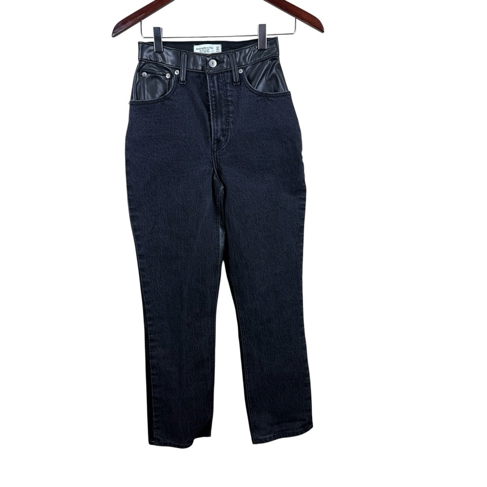 Abercrombie Fitch Jeans Black Faux Leather Denim Ankle Straight Ultra High‎ Rise
